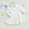 Girl Dresses Kid Spring Sweet Dress With Bow Headband Solid Color Eyelet Long Sleeve Doll Collar Button A-Line