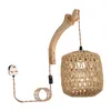 Wall Lamp Rustic Handwoven Shade Pendant Light With Wood Arm Adjustable Cord Sconce For Nursery Porch Hallway Bedside