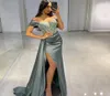 Off Shoulder Lace Mermaid Prom Evening Dresses High Side Split Appliced ​​Sweep Train Satin Saudi Arabia Dubai Formella festklänningar3564219