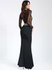 Casual Dresses Luxury Sexy See-through Long Sleeve Black Gauze Patchwork Bandage Dress Fashion Beading Slim Wrapping Hip