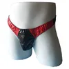 Underpants Low Waist Sexy Fashion Male Faux Leather Thong G-String Mens Black Red Contrast Color Underwear Panties