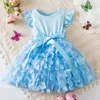 Verão 3D Flor Malha Ruffles Mangas Vestido 15 Anos Criança Meninas Festa de Aniversário Princesa Tutu Bonito Roupas de Bebê 240311