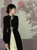 Sıradan elbiseler elbise uzun kollu kadın dikiş çiçek açan bir düğme siyah moda ince çin retro cheongsam Jacquard bahar andautumn