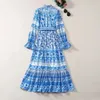 유럽 ​​및 미국 여성 드레스 2023 Winter New Flared 9 분 소매 스탠드 고리 블루 프린트 패션 주름 드레스 xxl