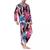 Męskie palmy sutowe Tropical Pajama Zestawy Pink i niebieskie miękkie kobiety z długim rękawem Vintage sypialnia 2 -częściowa odzież nocna plus size 2xl