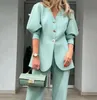 Women Fashion Elegant Suit Set Solid Color Loose Lantern Long Sleeves Button Blazer Coat Top and Straight Leg Pants 240219