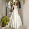 Simple Ivory Satin Garden Wedding Dresses With Pockets Lace Appliques Floor length Sweep Train 3/4 Long Sleeves A Line Bridal Gowns Back Buttons