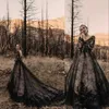 2022 Gothic Black Vintage Wedding Dresses A Line V Neck Lace Appliques Tulle Illusion Backless Sweep Train Plus Size Formal Bridal Gowns PRO232