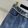 Kvinnors jeans raka kvinnor höga midja fickor metallkedjor dekoration blå casual denim byxor för