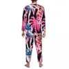 Męskie palmy sutowe Tropical Pajama Zestawy Pink i niebieskie miękkie kobiety z długim rękawem Vintage sypialnia 2 -częściowa odzież nocna plus size 2xl