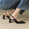 Dress Shoes Black Mid Heel Sandals For Women 2024 Summer Shiny Crystal Straps Pointed Toe Woman Slingbacks Pumps Ladies