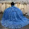 Sky Blue Shiny Off The Shoulder Quinceanera Dress Ball Gown Tulle Lace Applique Beads16th Birthday vestido de charra 15 anos