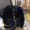 Cardigan en tricot polaire de vison doux pour femme, pull à boutons avec perles, petit parfum français, 2024