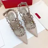 Sandalias de diseñador para mujer, tacones altos, zapatos con remaches puntiagudos, 6cm, 8cm, 10cm, sandalias con dos cinturones para mujer, verano 35-44