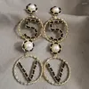 Stud Earrings Korean Luxury Jewelry Big Letter Five V Shape Circle Pearl For Women Wholesale