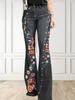 Femmes grande taille Jeans mode taille haute Vintage drapeau imprimé pantalon Denim broderie florale bouton automne Flare jambe Jeans 240320