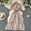 Party Dresses Summer Women Shirt Dress French Style Retro Hög midja hackad krage MIDI Fashion Temperament Single Breasted Frock