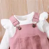 018months 3pcs Baby Girls Outfit Sweet Style Long Sleeve Romper Front Pocket Suspender Skirt Headwear Set Infant Suit 240314