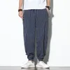 Men's Pants Spring Summer Disc Buckle Striped Harem Mens Breathable Cotton Linen Pencil Casual Bloomers Fashion Trousers