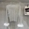 T-shirt da donna PREPOMP 2024 Collezione Primavera Piume Polsino con maniche Bottoni Maglia scozzese con strass Camicia a maniche lunghe Donna GP041