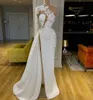 New White Satin Long Sleeve Evening Dresses A Line Formal Dress Prom Party Gown Gown Applique High Neck ThighHigh Slits Custom6201242