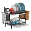 Kitchen Storage 2 Tier Dish Rack Large Capacity Cutting Board Holder 4 Hooks Household Tray Box Basket Saving Space For Small Countertop