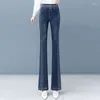 Women's Jeans Blue Flared Pants For Woman Flare With Rhinestones Bell Bottom Trousers High Waist S Japanese Y2k Vibrant Pant