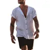 Chemises décontractées pour hommes Été Coton Lin Solide Cardigan Lâche Chemise de poche à manches courtes pour hommes Vêtements