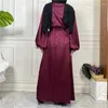 Etnik Giyim saten kimono Müslüman kadınlar maxi elbise Dubai Açık Abaya Eid Ramazan İslami Jalabiya Femme HARDIGAN Arap Robi Kaftan
