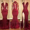 Prom Deep Dresses V Neck sjöjungfrun Dark Red Split Party Dress Lace Applicques Crystal Pärlor Långa ärmar Plus -storlek Anpassade aftonklänningar