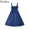 Lässige Kleider 2024 Bazaleas Store Traf Damen Marineblau Zurück Sexy Kreuz Sommerkleid Korsett Schleife Rüschen Schlitz Midi Vestidos Offiziell