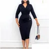 Plus Size Kleider Frauen Elegant Bodycon Button Dreiviertelärmel Classy Modext Büro Damen Afrikanische Weibliche Party Roben Drop Delive Ot8Lp