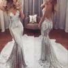 Sereia Sier Lantejoulas Prom Pageant Vestidos Spaghetti Backless Vestidos de Festa Formal Longo Desgaste da Noite Custom Made