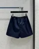 Women's Tracksuits 2024 Fashion Good Quality Webbing Waist Splicing Navy Blue Nylon Fabric Shorts Short Sleeve Top Set