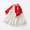 Mädchen Kleider 2024 Frühling Herbst Baby Mädchen 2PCS Kleidung Set Baumwolle Daisy Knotbow Langarm Kleid Rote Strickjacke Anzug kleinkind Outfits