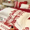 Set di biancheria da letto Set di nozze di lusso per le celebrazioni Copripiumino rosso Lenzuola e federe Trapunte Tessili per la casa King