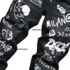 Italiaans trendy merk zwarte elastische geperforeerde digitaal bedrukte knoopsluiting met slanke pasvorm kleine jeans met rechte pijpen voor heren