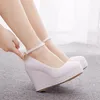 Zapatos de vestir Bombas Mujeres Oficina Punta Redonda Cordón Hebilla Correa PU 11 CM Cuñas Sandalias Estilo Japonés Fiesta Mujer Blanco