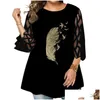 Womens Plus Size T-Shirt Blouse Women 2022 Autumn Three Quarter Mesh Sleeve Printed Elegant Tunic Tops Loose Oversized Ladies Shirt Dr Otbut