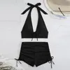 Costume da bagno donna bikini a vita alta costume da bagno donna con pantaloncini da bagno tinta unita costume da bagno estivo da spiaggia 2024 nero set due pezzi