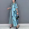 Sukienki imprezowe w stylu koreański O pomarańczowy niebieski w paski Kobieta Letnia sukienka Długość swobodna luźna dopasowanie duży rozmiar boho elegancka szlafrok bynd002