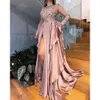 Appliques Long Beaded Sleeves Prom Dresses Sexy High Neck Dusty Pink Split Formal Evening Gowns Party Dress Customize Size