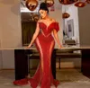 キラキラしたビーズのスパンコールアフリカ人マーメイドイブニングドレス赤い薄いキャップスリーブaso ebiフォーマルドレス黒人女性パーティープロムガウン