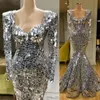 Pailletten Sier Sparkly Mermaid Prom Kleider Ärmel Arabisch Abendkleid Dubai Lange Elegante Frauen Formale Party Gala Kleider