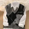 Mignon ours imprimé col en V sans manches Style Preppy tricoté pull gilet coréen automne hiver lâche Argyle pull 240304