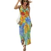 Robes décontractées aquarelle à la main orange bleu tropical fleurs sans manche robe luxe lâche femme