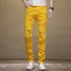 2023 Summer New Men's Splicing Perforated Fluorescent Yellow Casual Slim Fit Trend Small Feet Mid Waist Pants for Men