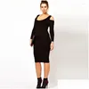 Plus Size Dresses Off Shoder Y Bodycon Dress Women Long Sleeve Solid Black Elegant Fashion Midi Pencil Spring Party 6Xl Drop Delivery Otiej