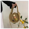 Trekkoord Vintage Strogeweven Kleine Ronde Handtas Kaki Beige Bloem Decor Strandtas Voor Dames Zomer Bohemen Mode Dagelijkse Schoudertas