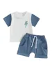 Ensembles de vêtements pour bébés garçons, vêtements d'été à manches courtes, couleur contrastée, lettres imprimées, hauts bleus avec cordon de serrage élastique, 2 pièces (blanc 18-24)